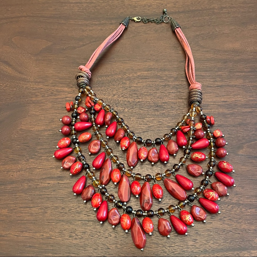 Red Stone Leather 3 Strand Necklace